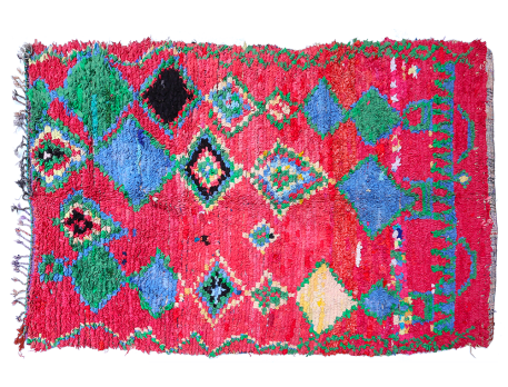 Grand tapis Boucherouite ancien, rouge bleu vert et beige avec losanges