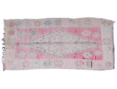 Large antique Boucherouite rug, pink, blue, green and beige with lozenges