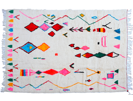Very large white Azilal Berber carpet with pink, red, green, yellow, orange and blue motifs