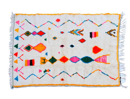 Large white Azilal Berber carpet with motifs in pink red green orange blue yellow outline