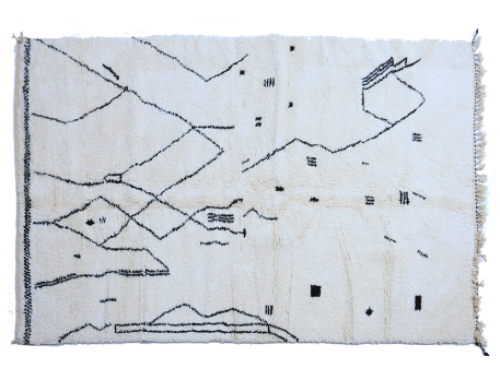 Très grand tapis berbère Béni Ouarain blanc avec des lignes asymétriques en noir