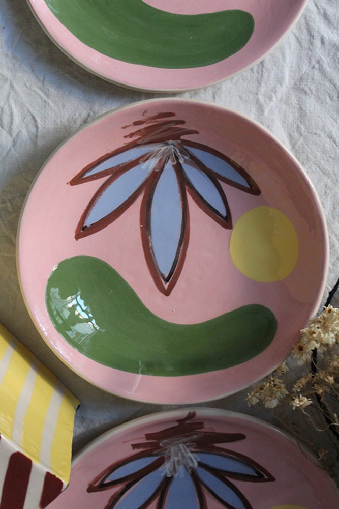 Handmade ceramic pink soup plate, crafted in France.