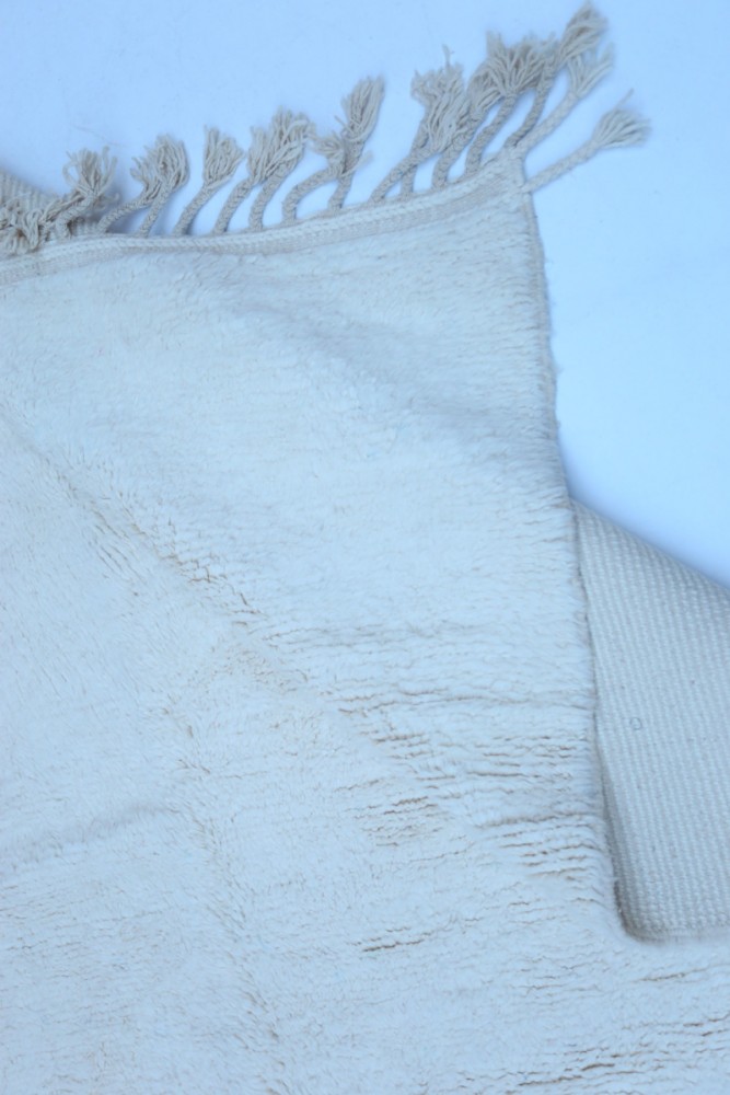 Tapis berbère moderne en beige naturel avec des motifs texturés et des franges, ajoutant une touche d\'élégance rustique.