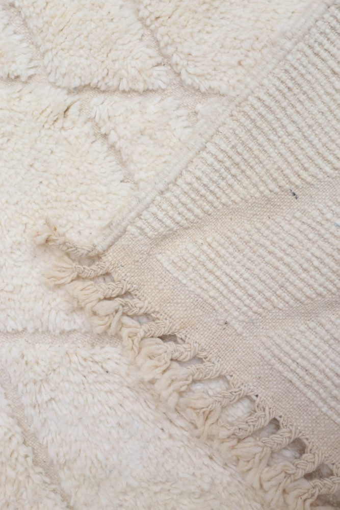 Tapis doux en laine, beige clair, avec des motifs géométriques et des franges délicates, idéal pour un intérieur chaleureux.