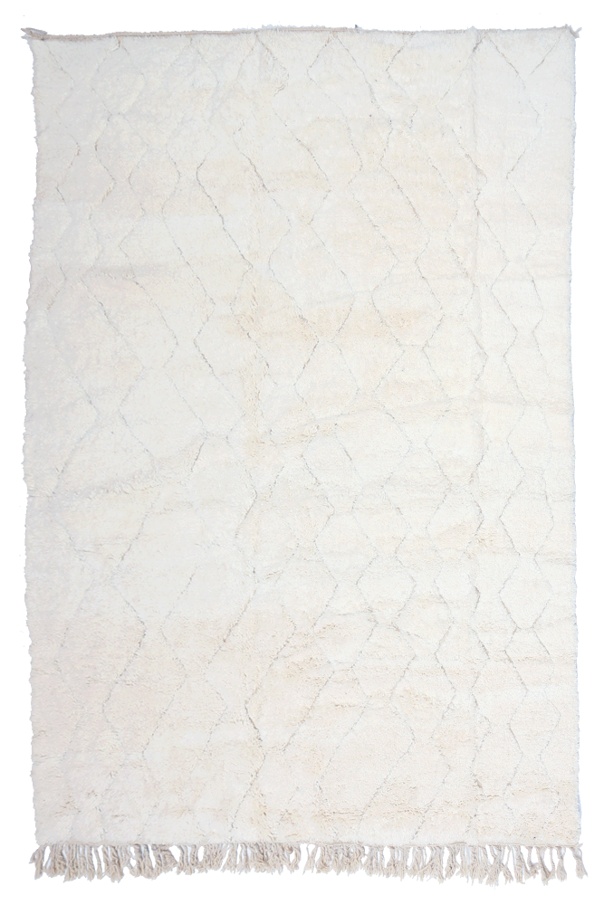Tapis moderne beige avec des motifs géométriques en relief et des franges, idéal pour un intérieur élégant et chaleureux.