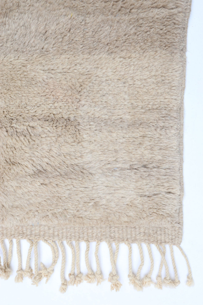 Tapis berbère beige au design épuré, avec des motifs discrets et des franges élégantes.