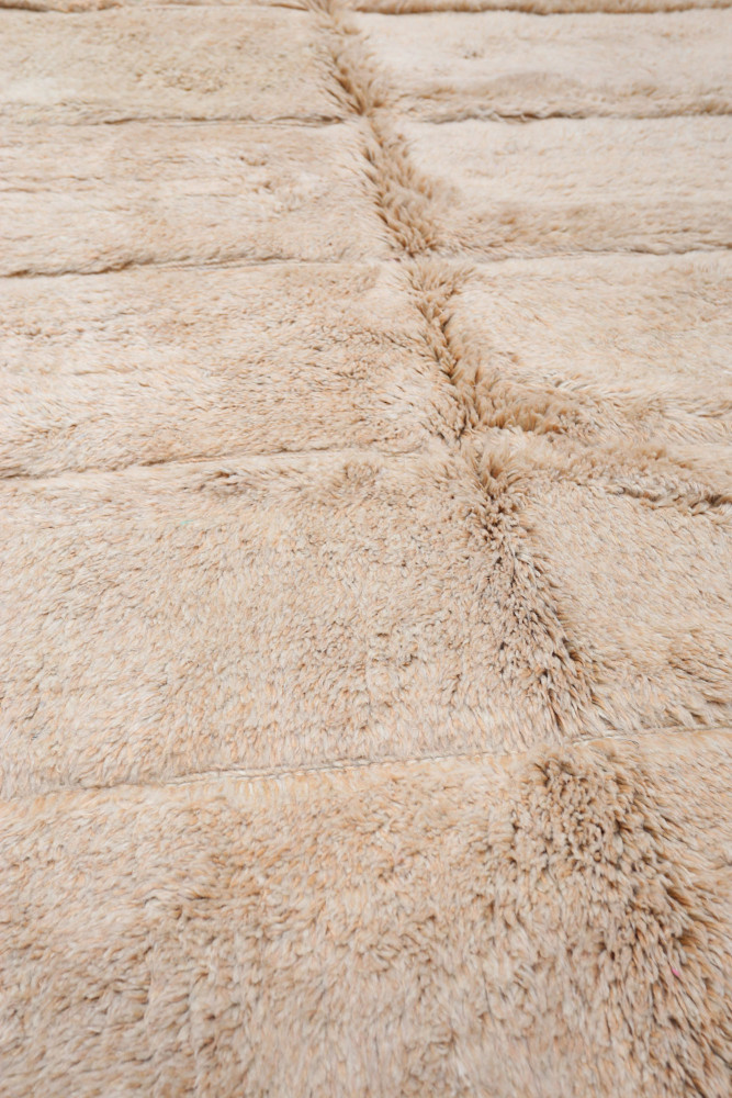 Tapis berbère en shaggy beige avec des motifs géométriques modernes et une texture douce et chaleureuse.