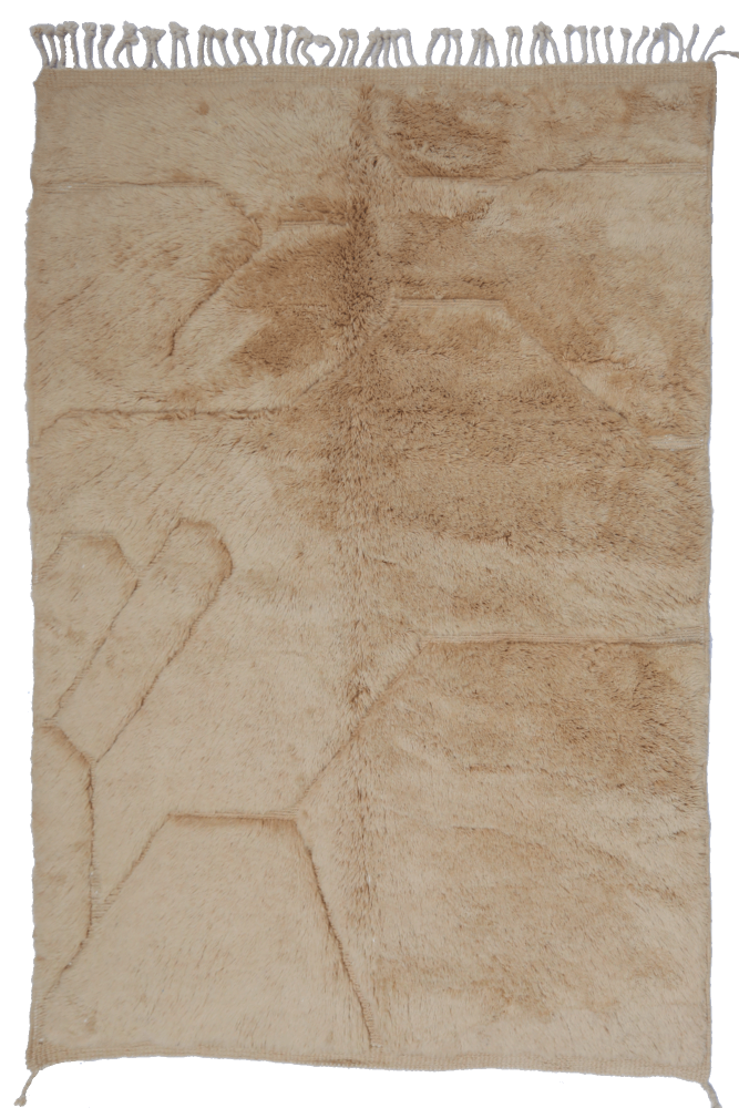 Tapis berbère en laine beige clair, au design minimaliste avec des motifs géométriques élégants et doux au toucher.