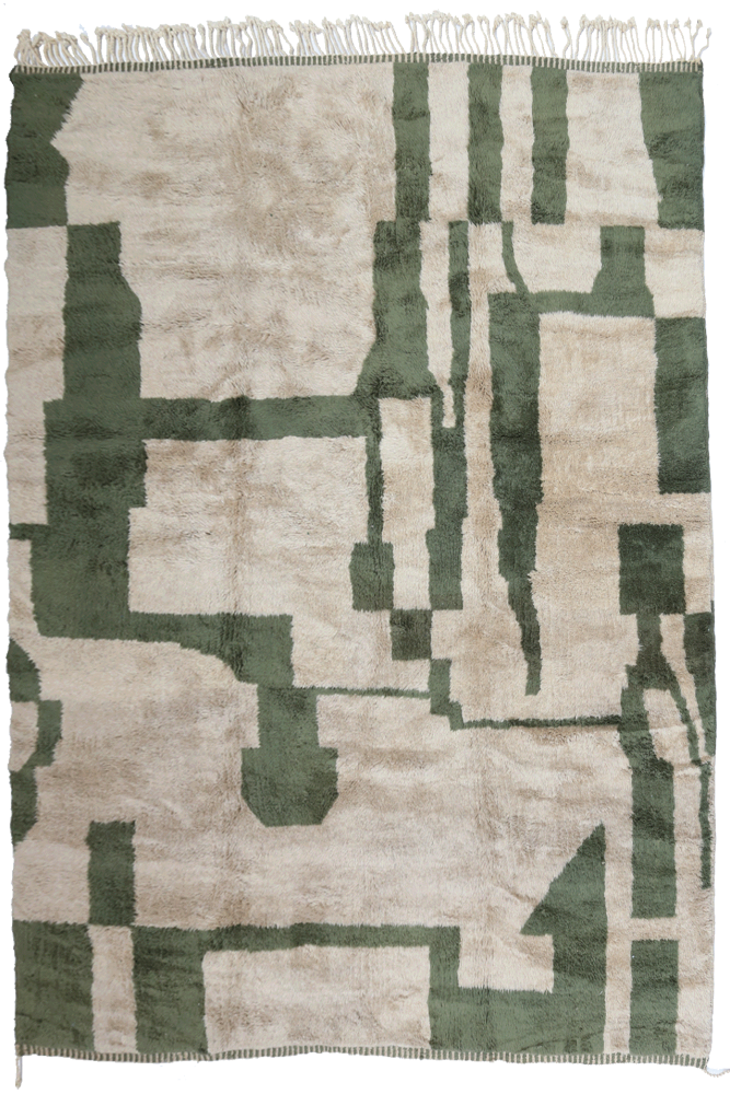 Tapis berbère moderne aux motifs géométriques en vert et beige, apportant une touche élégante à votre intérieur.