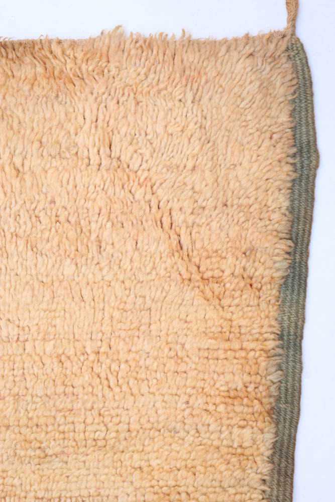 Tapis berbère en laine beige, au style doux avec des textures en relief et des bordures vertes.