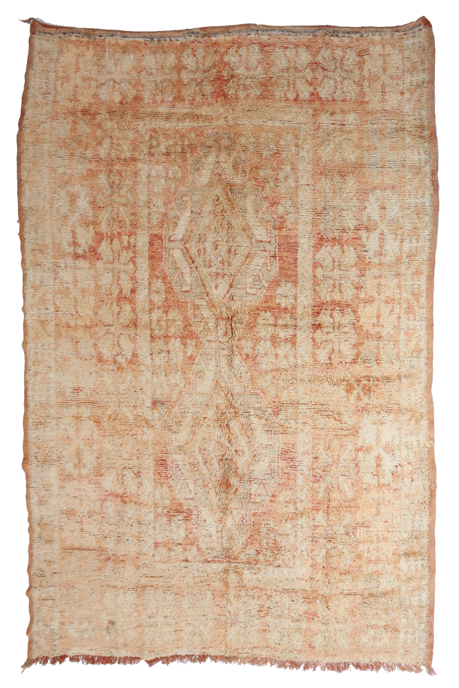 Tapis berbère aux motifs géométriques, dominé par des teintes beige et terracotta, ajoutant chaleur à tout espace.