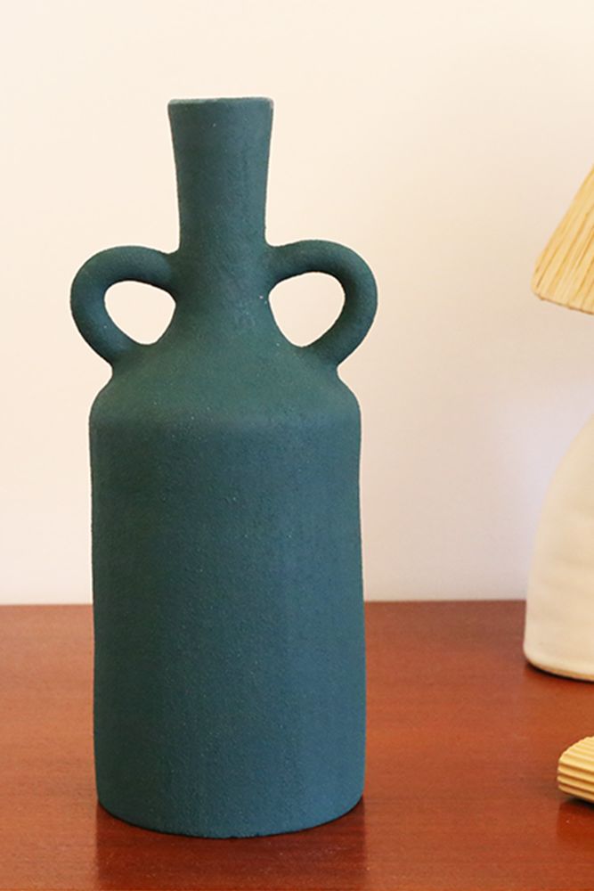 Vase en céramique bleu canard à anses. Fait-main au Maroc.
