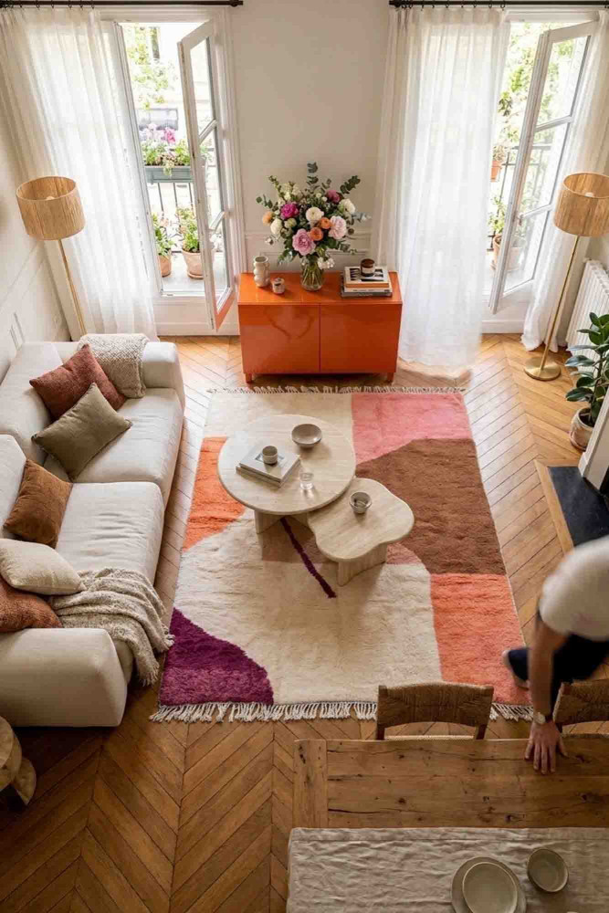 Tapis berbère aux motifs géométriques, couleurs rose, orange et beige pour un intérieur moderne et chaleureux.