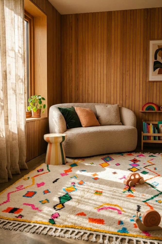 Tapis berbère coloré en crème, orné de motifs géométriques vifs et de franges, parfait pour un intérieur chaleureux.