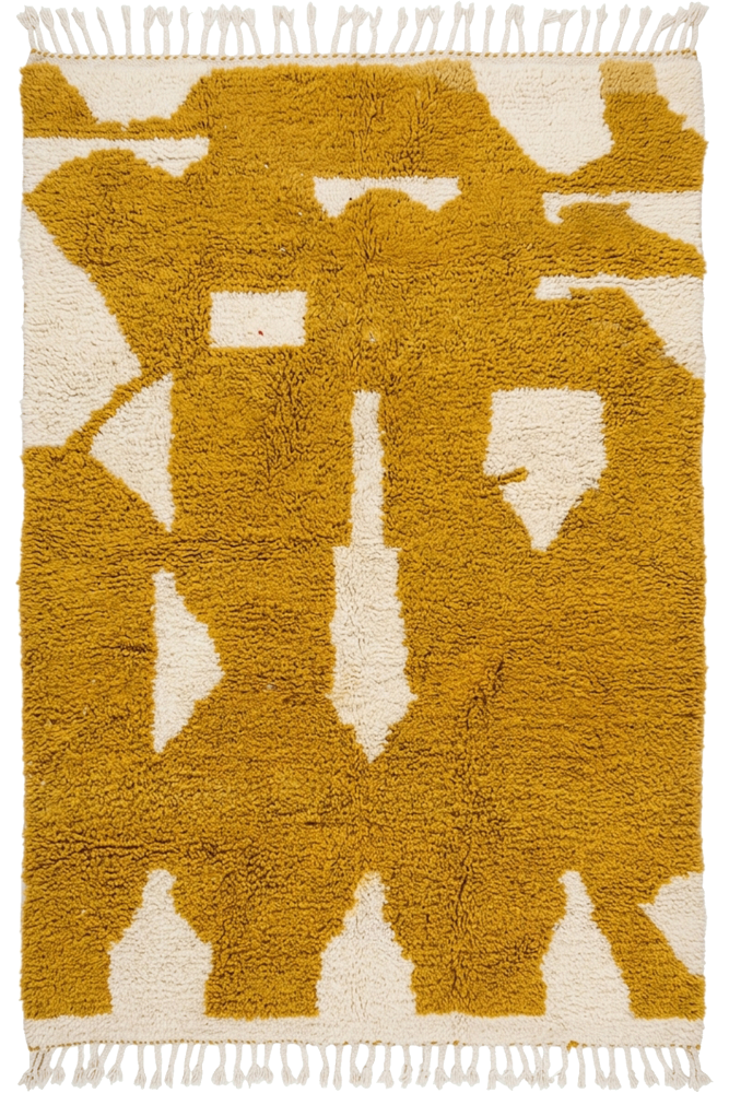 Tapis berbère jaune et crème avec motifs géométriques modernes et textures douces pour un style contemporain.