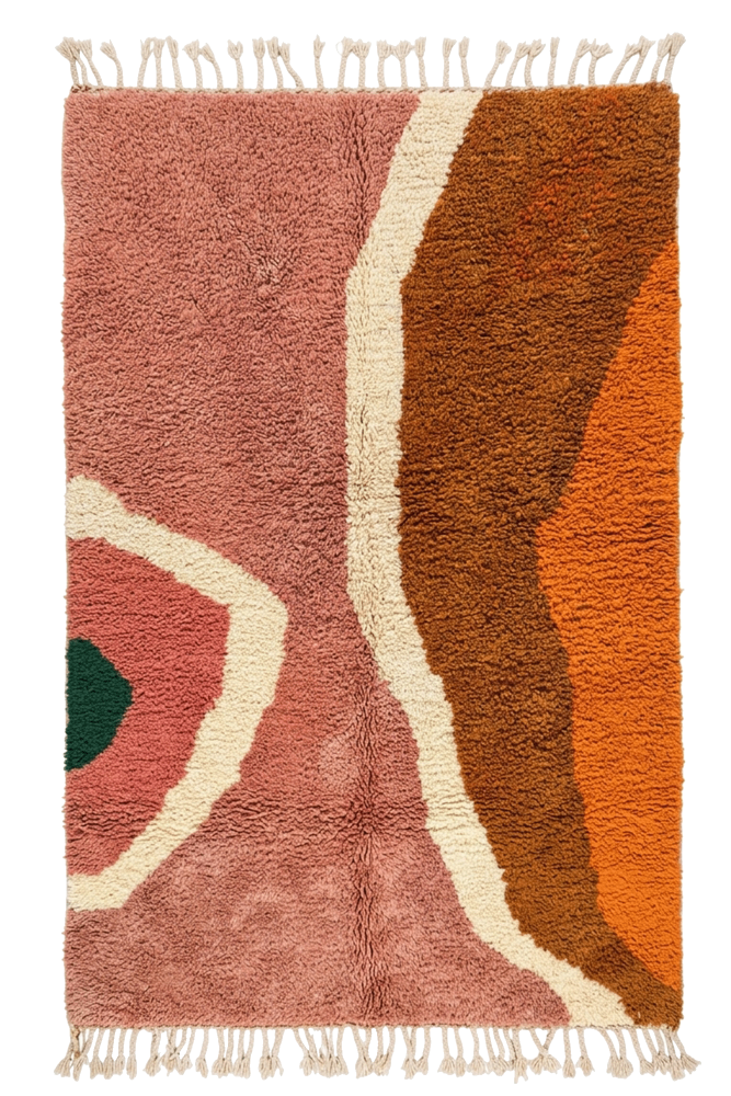 Tapis berbère aux motifs géométriques, couleurs rose, orange et vert, parfait pour un intérieur moderne et chaleureux.