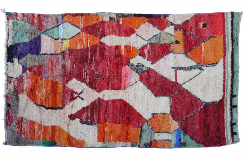 Moyen tapis berbère ancien rouge orange bleu Boujad